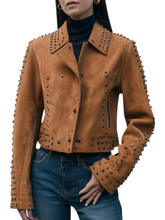 Women's Studded Brown Suede Biker Jacket - The Leather Jackets