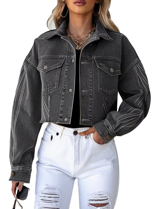 Women's Stylish Black Cropped Casual Denim Jacket - The Leather Jackets
