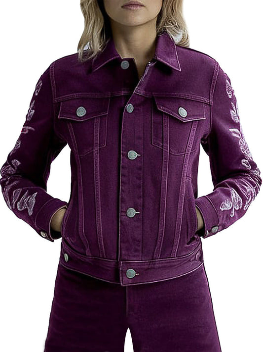 Women's Stylish Purple Floral Embroidered Denim Jacket - The Leather Jackets