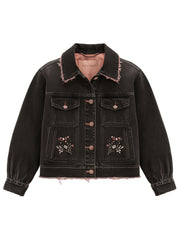 Women's Vintage Frayed Collar Black Denim Jacket