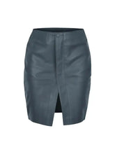 Women’s Blue High-Waist Leather Pencil Skirt | Chic Front Slit Midi Skirt