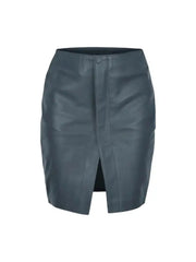 Women’s Blue High-Waist Leather Pencil Skirt | Chic Front Slit Midi Skirt