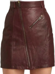 Women’s Burgundy Leather Mini Skirt | Asymmetrical Zip High-Waist Skirt