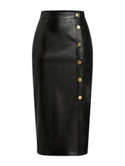 Women’s Black High-Waist Button-Front Leather Midi Skirt
