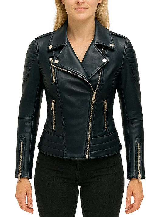Womens Black Motorcycle Azaria Leather Jacket