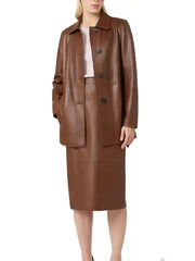 Women’s Brown Leather Jacket with Matching Skirt