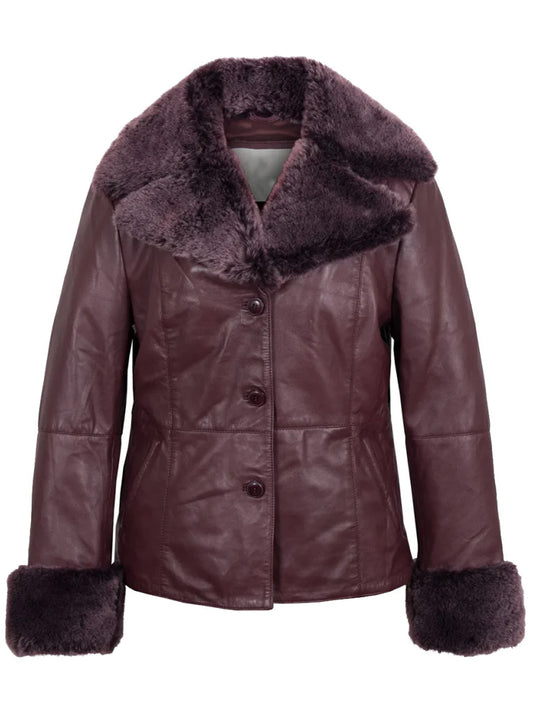 Women's Burgundy Shearling Leather Jacket