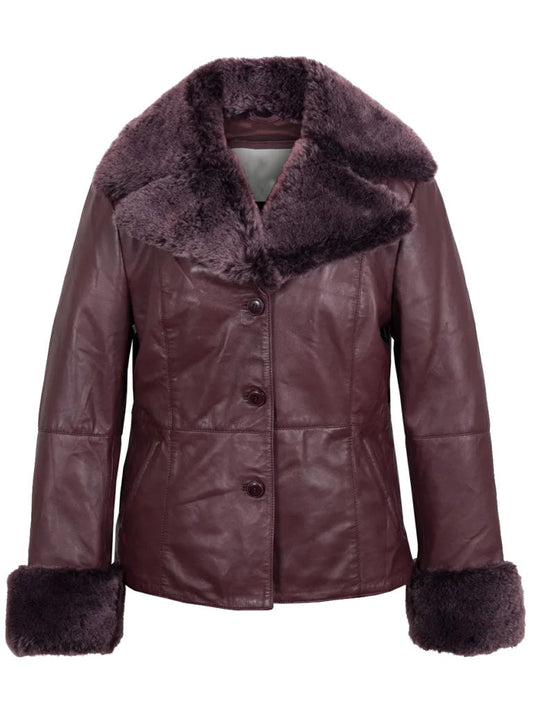 Women's Burgundy Shearling Leather Jacket