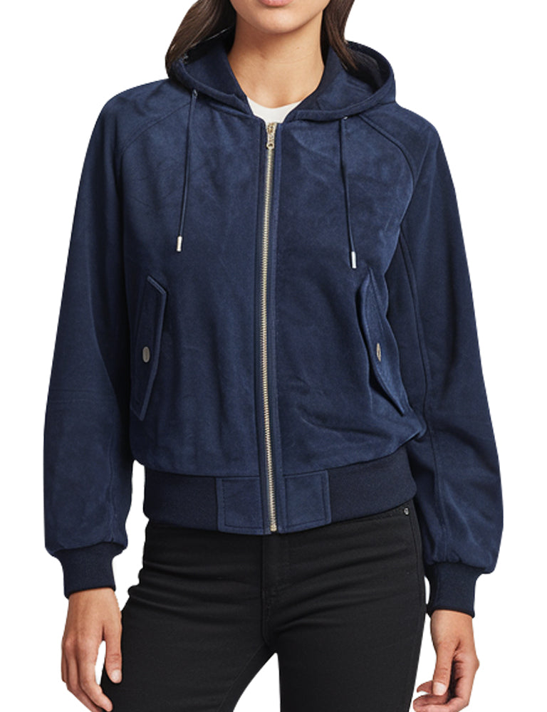Women's Navy Blue Hooded Bomber Jacket