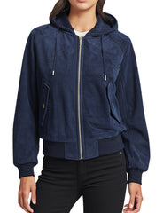 Women's Navy Blue Hooded Bomber Jacket