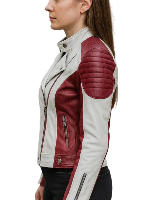 Women’s Red and White Leather Moto Biker Jacket