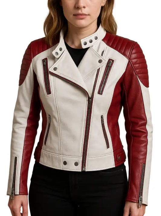 Women’s Red and White Leather Coltello Moto Biker Jacket