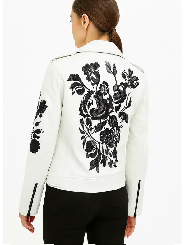 Women Rose Embroidered Euphoria Biker Leather Jacket