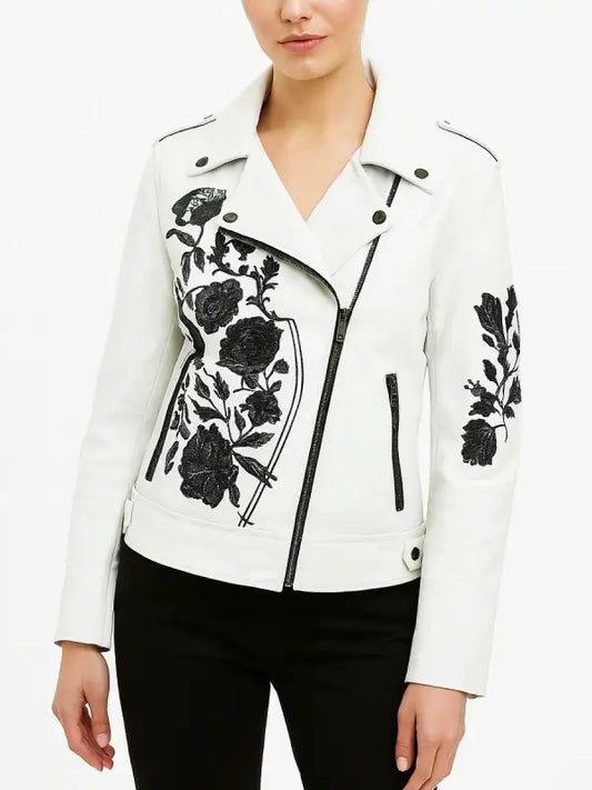 Women's Rose Embroidered Euphoria Biker Leather Jacket