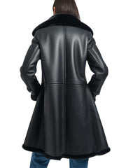 Women's black leather coat with faux fur collar