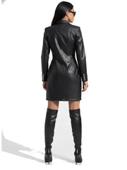 Women’s Black Double-Breasted Leather Blazer Dress – Premium Tailored Fit