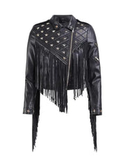 Women’s Black Fringe Leather Jacket with Star Studs