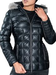 Women’s Black Leather Puffer Jacket with Faux Fur Hood, Quilted Winter Leather Coat