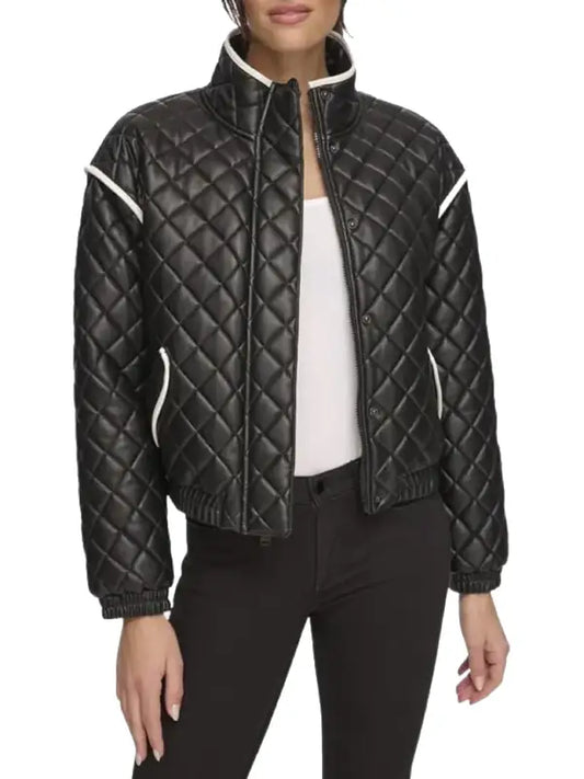 Women’s Black Quilted Leather Bomber Jacket with Contrast Trim