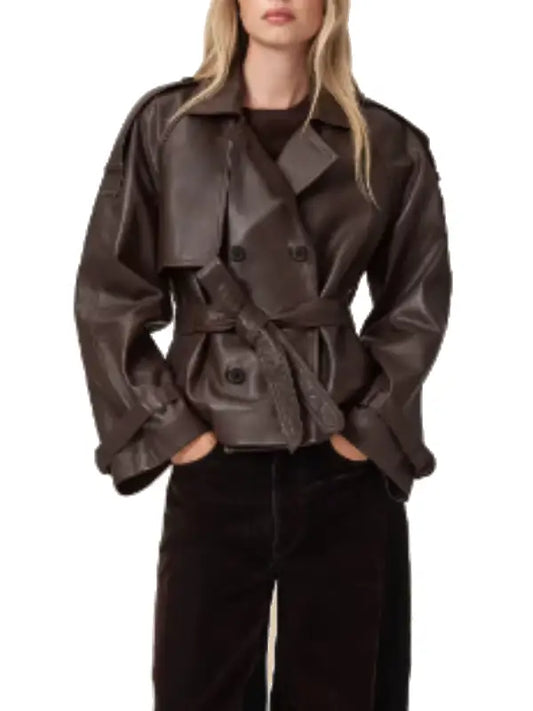 Women’s Brown Leather Belted Short Trench Jacket