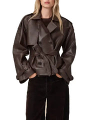 Women’s Brown Leather Belted Short Trench Jacket