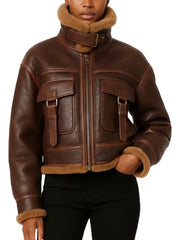 Women’s Brown Shearling Aviator Jacket – Cropped Leather Winter Coat