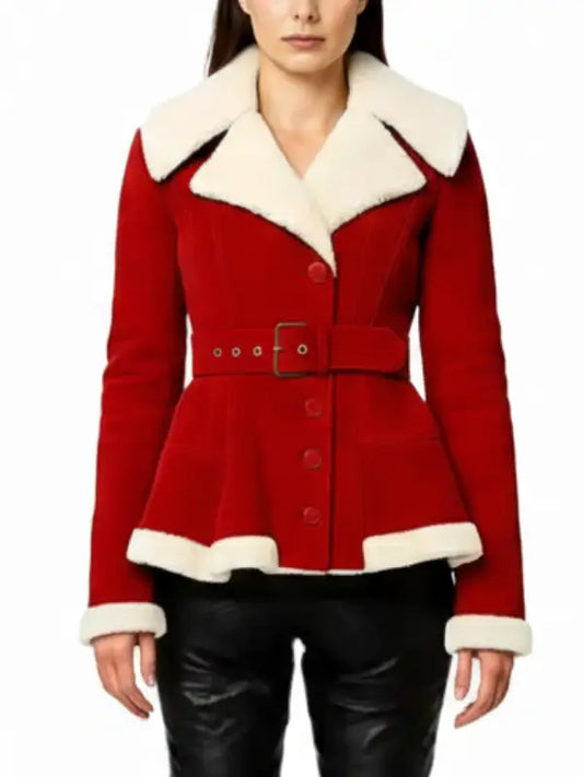 Women’s Red Shearling Jacket with White Fur Trim – Belted Winter Coat