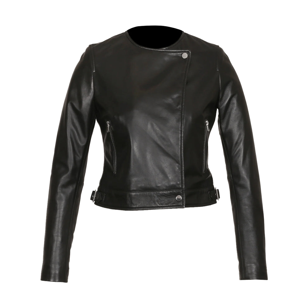 Black Collar Less Genuine Leather Jacket - The Leather Jackets