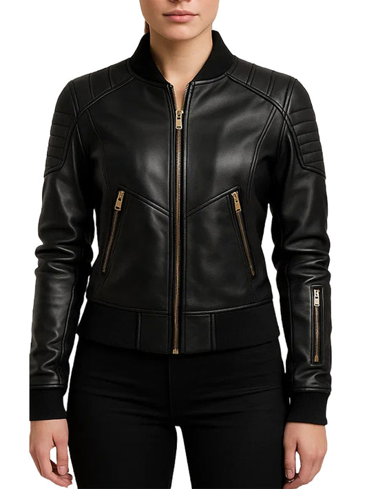 Womens Black Leather Bomber Jacket