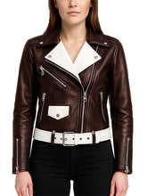 Womens Brown White Leather Biker Jacket