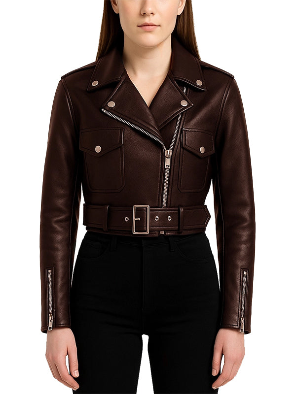 Womens Dark Brown Leather Biker Jacket