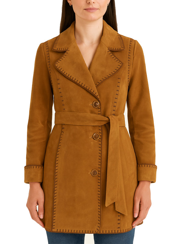 Womens Long Belted Tan Suede Leather Coat