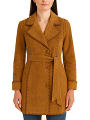 Womens Long Belted Tan Suede Leather Coat