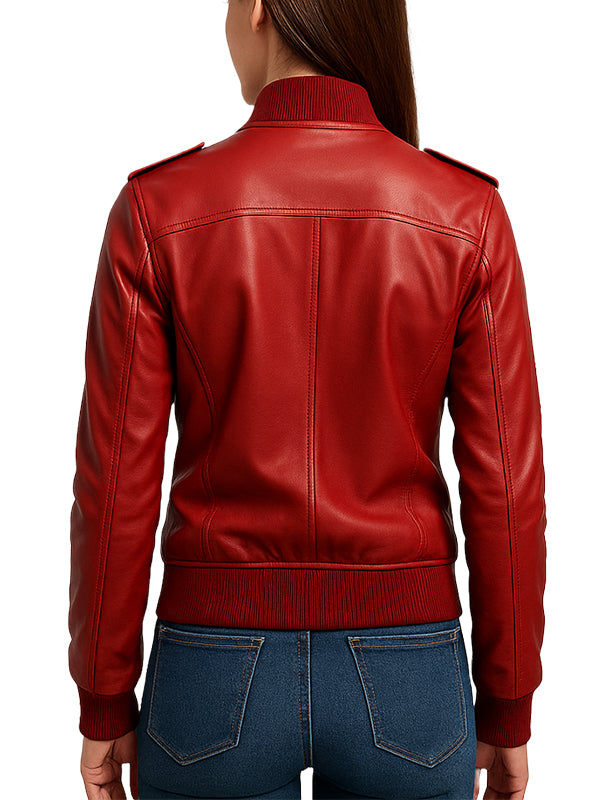 Womens Red Leather Bomber Jacket
