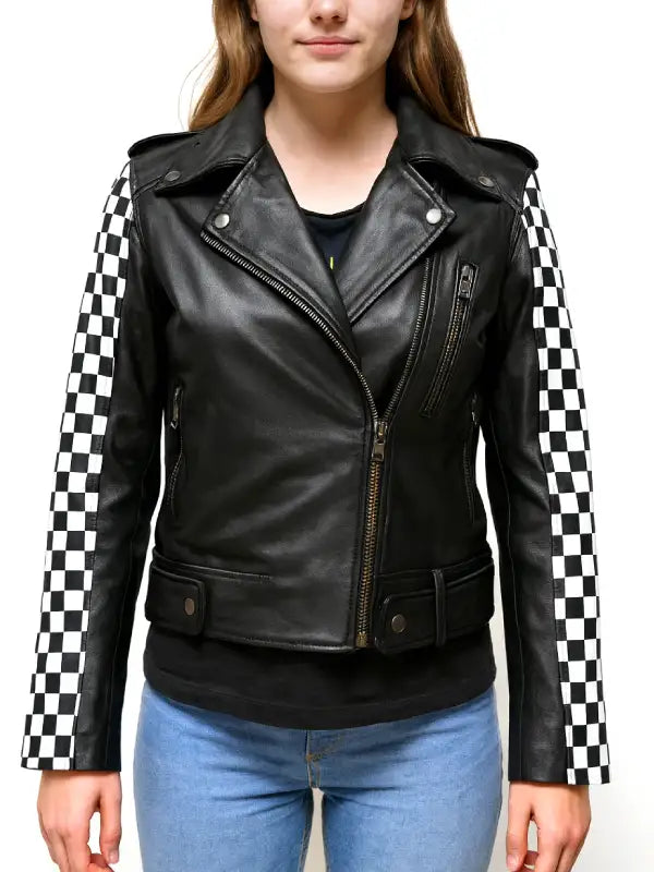Womens Checkered Studded Leather Biker Jacket