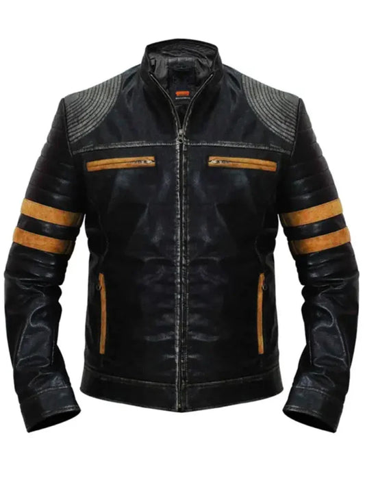 Yellow Stripe Vintage Biker Leather Jacket
