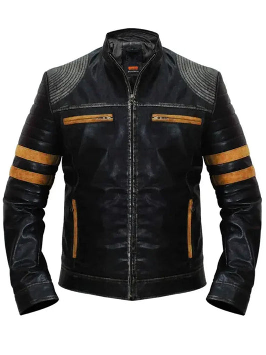 Men’s Yellow Stripe Vintage Biker Leather Jacket