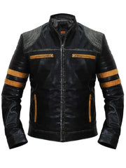 Yellow Stripe Vintage Biker Leather Jacket