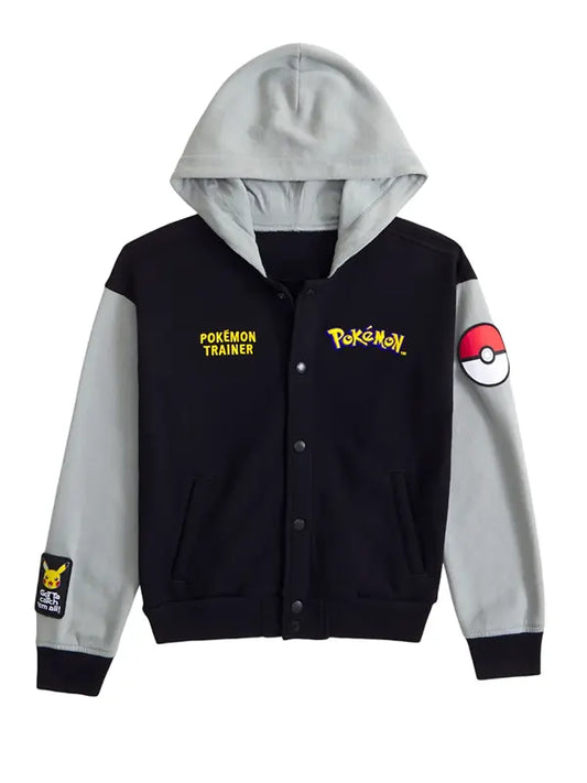 Pokémon Trainer Hooded Varsity Bomber Jacket with Pikachu Graphic