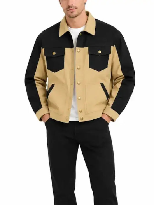 Front view of a men's khaki and black snap-front jacket with chest flap pockets and patch pockets