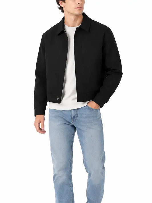 Front view of men's black zip-up cropped jacket with shirt collar and rib knitted cuffs