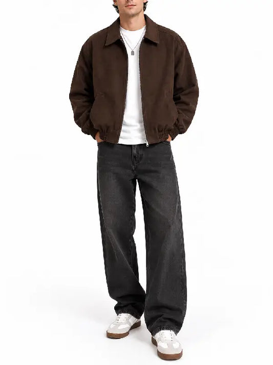Men’s brown faux suede bomber jacket front view styled
