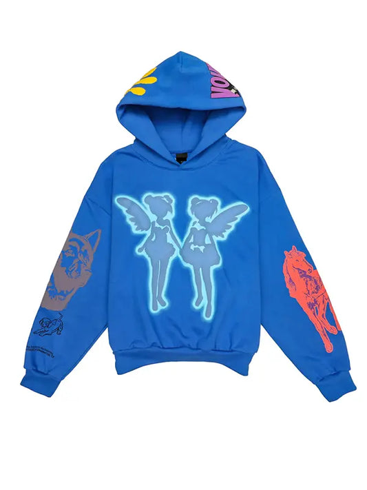 Blue Graphic Streetwear Hoodie with Angel Print & Bold Back Design