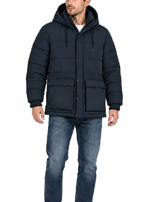 Front view of man wearing navy quilted puffer jacket with hood and flap pockets