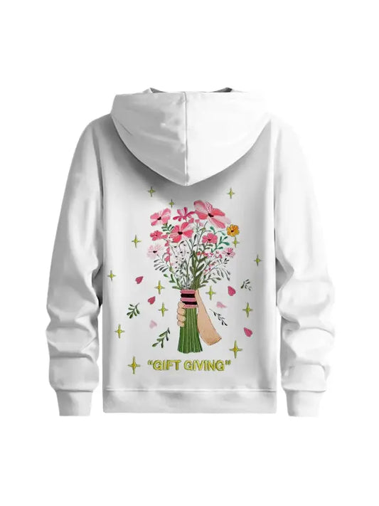 “Gift Giving” Premium White Embroidered Floral Hoodie - The Leather Jackets