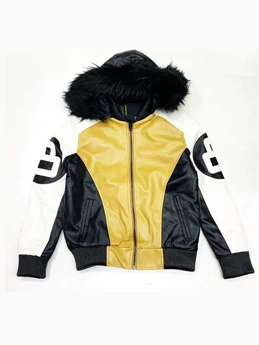 8 Ball Shearling Hooded Tri-Color Leather Bomber Jacket