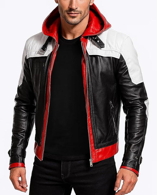 Men’s Red Hooded Black & White Leather Jacket