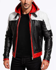 Men’s Red Hooded Black & White Leather Jacket