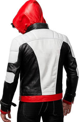 Men’s Red Hooded Black & White Leather Jacket