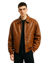 Men’s Brown Leather Bomber Jacket with Front Pockets